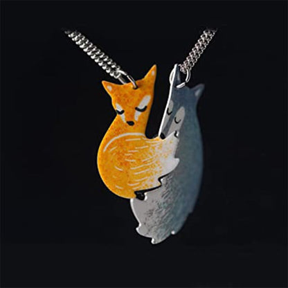 Hand-painted Fox and Wolf Couple Hug Necklace