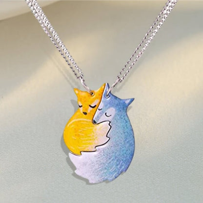 Hand-painted Fox and Wolf Couple Hug Necklace