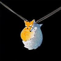 Hand-painted Fox and Wolf Couple Hug Necklace