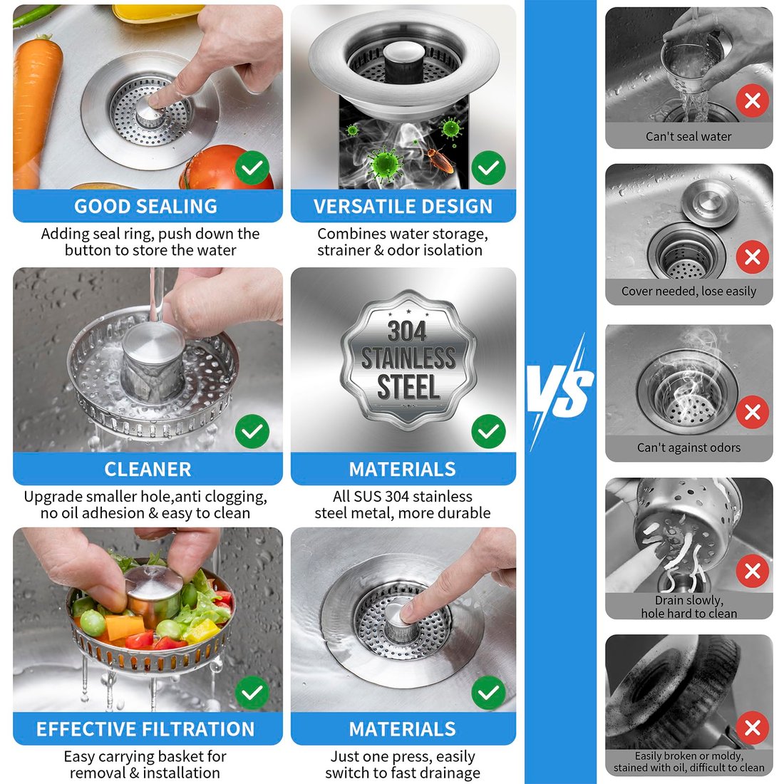 🔥Last Day 49% OFF-Upgraded 3 in 1 Stainless Steel Kitchen Sink Drain Strainer