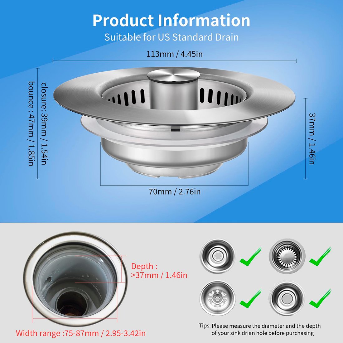 🔥Last Day 49% OFF-Upgraded 3 in 1 Stainless Steel Kitchen Sink Drain Strainer